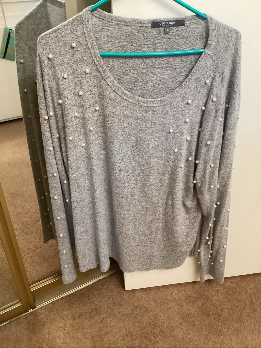 Women's Gray Pearl-Embellished Sweater